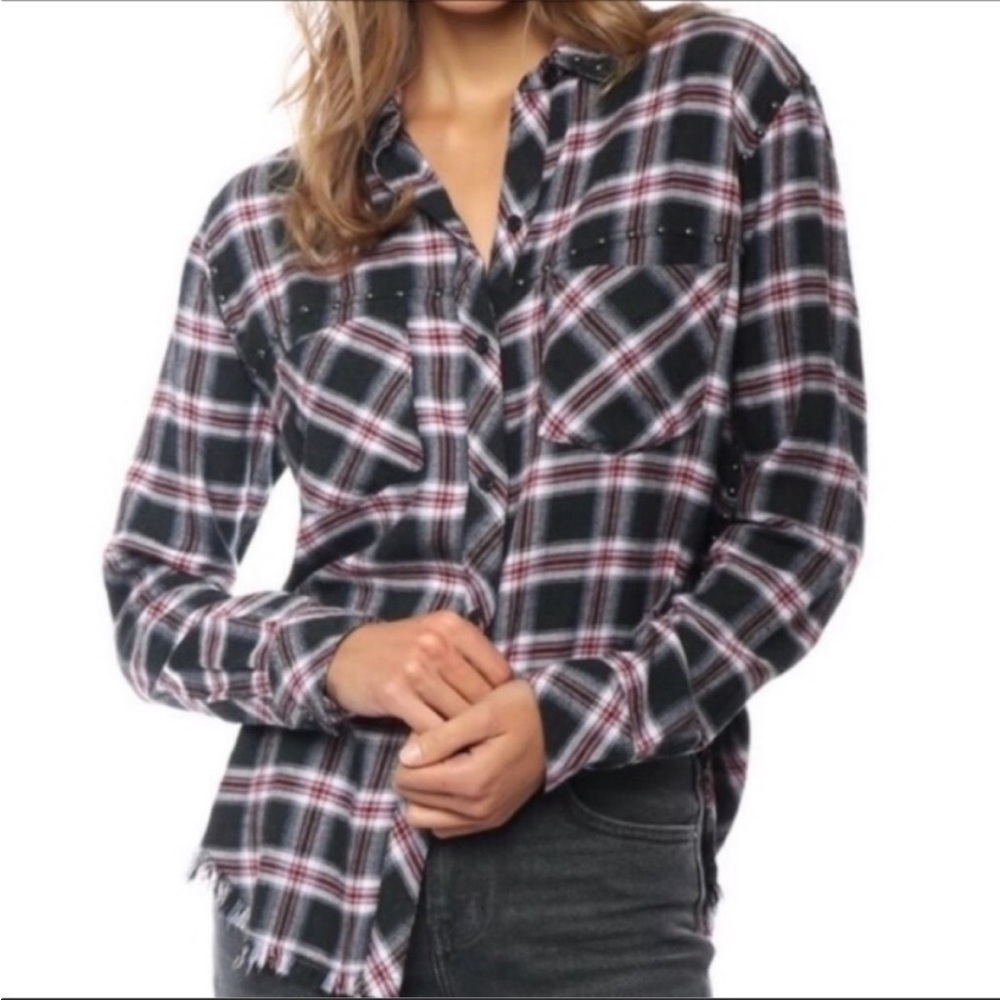 Rails Rex Studded Charcoal Berry Plaid Shirt Frayed Hem Long Sleeves Button Down